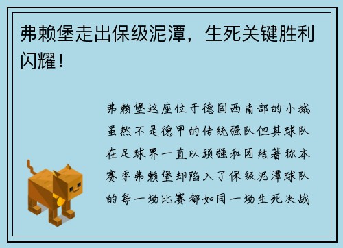 弗赖堡走出保级泥潭，生死关键胜利闪耀！