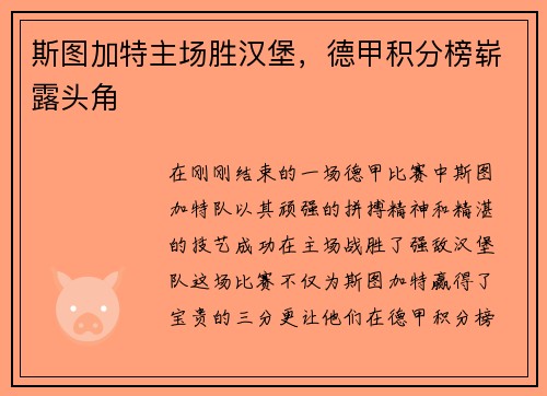 斯图加特主场胜汉堡，德甲积分榜崭露头角