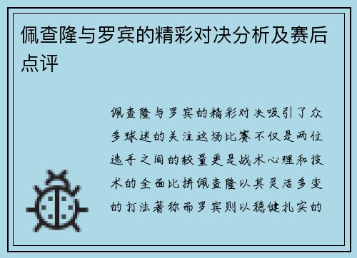 佩查隆与罗宾的精彩对决分析及赛后点评