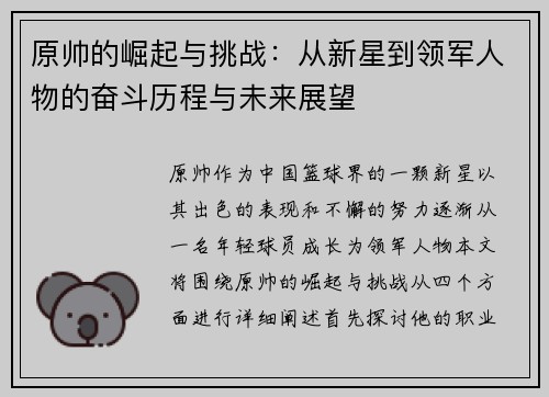 原帅的崛起与挑战：从新星到领军人物的奋斗历程与未来展望