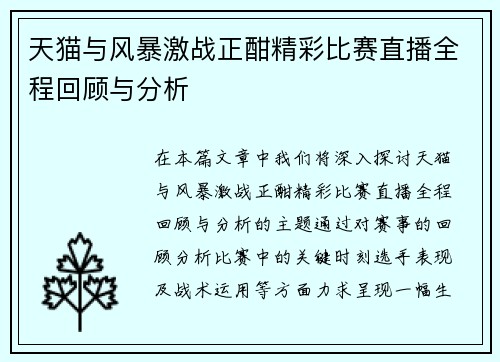 天猫与风暴激战正酣精彩比赛直播全程回顾与分析